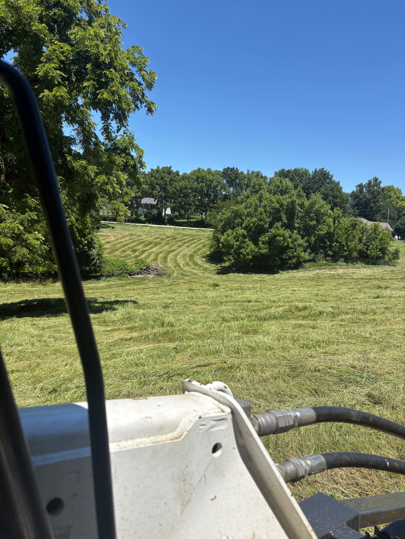 View from the cab of a skid steer working an overgrown field